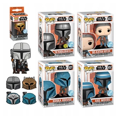 Figuras colecionáveis Star Wars Pop! com personagens Mandalorian e outros, várias cores e capacetes estilizados