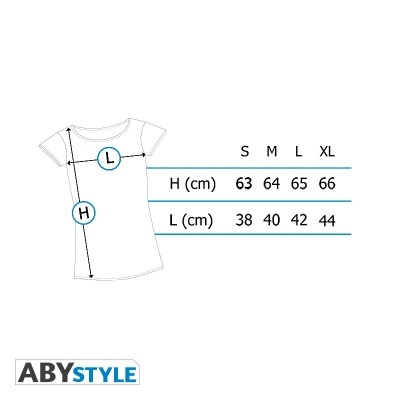Esquema de t-shirt feminina com tabela de medidas e logo ABYSTYLE.