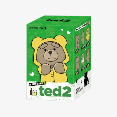 Caixa verde com ilustração de urso castanho com casaco amarelo e texto ted2