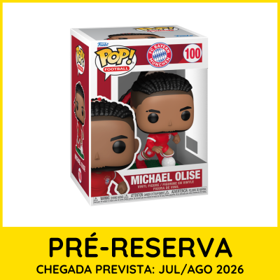 Figura vinyl Pop! Michael Olise com bola e roupa vermelha FC Bayern München na caixa