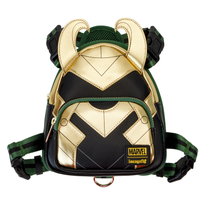 Mochila temática Loki da Marvel em preto e dourado com alças verdes e pretas.
