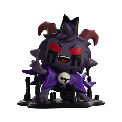 Figura colecionável de criatura roxa com chifres e capa púrpura em base preta irregular