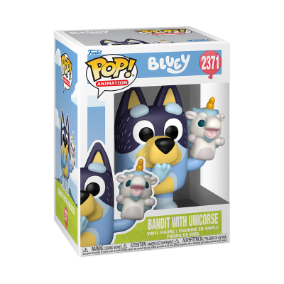 Figura Funko Pop! Animation Bluey nº 2371 Bandit com unicórnio em vinil na caixa