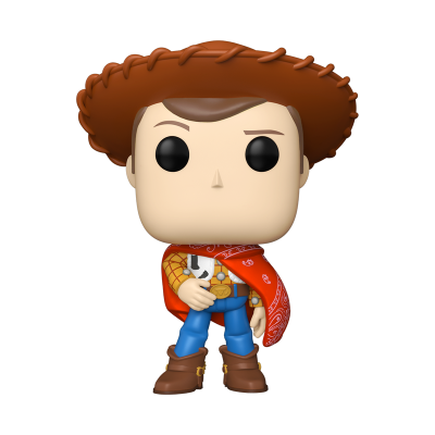 Figura Funko Pop do personagem cowboy com chapéu castanho e cachecol vermelho