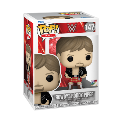 Figura Funko Pop! WWE 147 'Rowdy' Roddy Piper em caixa com fundo vermelho