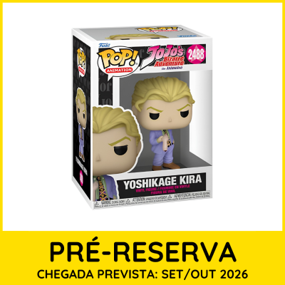 Figura Pop! Yoshikage Kira de JoJos Bizarre Adventure com embalagem colorida e texto de pré-reserva.