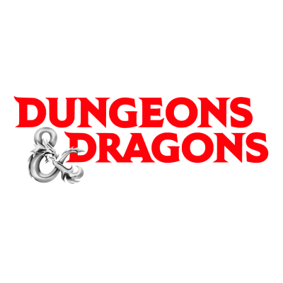 Logótipo DUNGEONS & DRAGONS vermelho com símbolo & prateado em fundo branco.