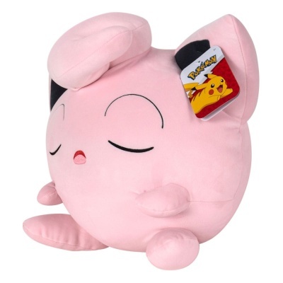 Pelúcia rosa Jigglypuff da Pokémon com olhos fechados e etiqueta com Pikachu.