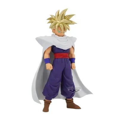 Figura de ação do personagem Anime com cabelo dourado, roupa roxa e capa branca.