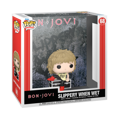 Figura Funko Pop vinil Bon Jovi número 68 em caixa com fundo preto e vermelho.