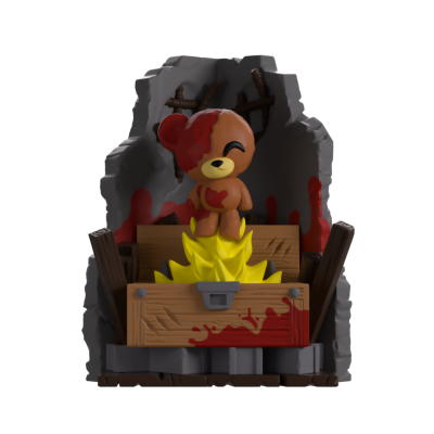 Escultura de urso castanho queimado sobre fogo dentro de caixa de madeira