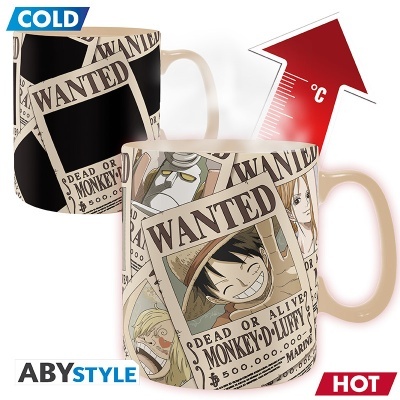 Caneca de cerâmica com cartazes WANTED do anime One Piece, muda de cor do preto para colorido conforme a temperatura.