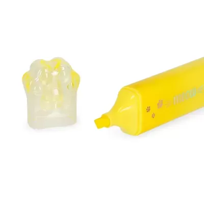 Marcador amarelo com tampa em forma de pata e texto meow