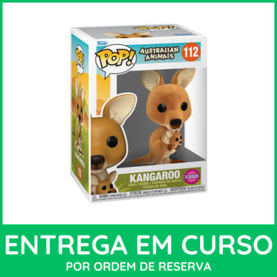 Boneco colecionável POP! canguru, castanho e bege, na caixa com o texto POP! AUSTRALIAN ANIMALS 112 KANGAROO FLOCKED