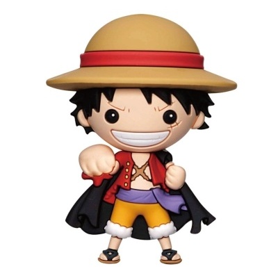 Figura Luffy com chapéu de palha, roupa colorida e capa preta