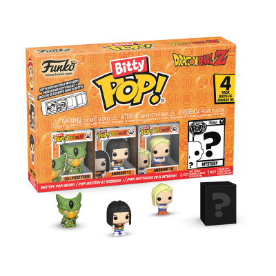 Conjunto Funko Bitty Pop! Dragon Ball Z com 4 figuras miniatura e caixa laranja com personagens