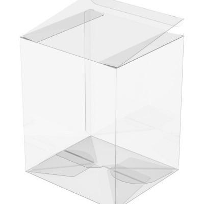 Caixa plástica transparente com tampa aberta