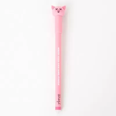 Caneta cor-de-rosa com tampa em forma de cabeça de porco e texto branco vertical