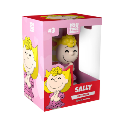 Figura de vinil Sally da coleção Peanuts em caixa rosa e vermelha com janela transparente