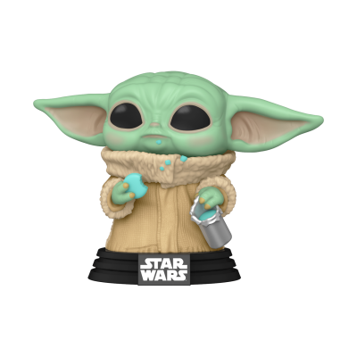 Figura colecionável Baby Yoda de Star Wars com casaco castanho e lata prateada