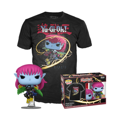 Conjunto Yu-Gi-Oh! com t-shirt preta, figura Funko Pop colorida e embalagem oficial.
