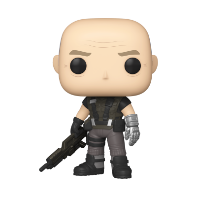 Figura Funko Pop de homem careca com colete táctico e arma