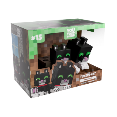 Embalaem de figuras de vinil de gato Tuxedo preto e branco com olhos verdes e design pixelizado.