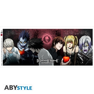 Poster horizontal com personagens de Death Note segurando maçãs vermelhas em fundo vermelho e negro