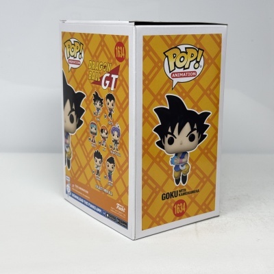 Caixa Funko Pop! Goku Dragon Ball GT com fundo amarelo e padrão geométrico