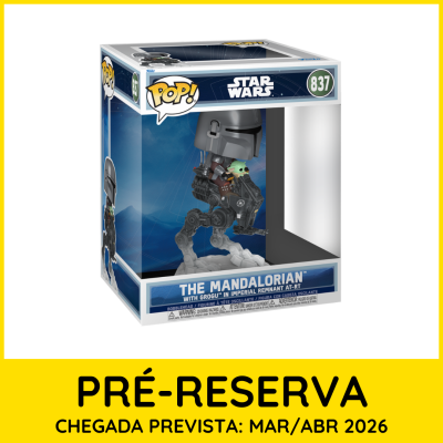 Funko Pop! Star Wars The Mandalorian com Grogu no AT-RT, número 837 na embalagem
