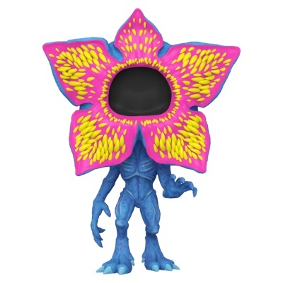 Figura colecionável azul com cabeça em forma de flor rosa e amarela