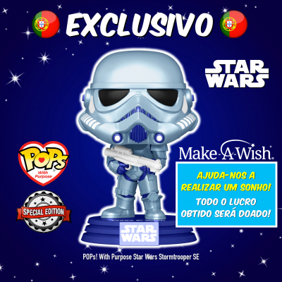 Figura Funko Pop Stormtrooper Star Wars edição especial com fundo azul estrelado e texto promocional
