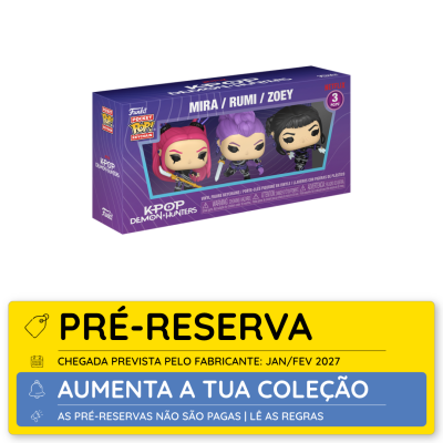 Caixa roxa com conjunto de três figuras chaveiro Funko Pocket Pop! KPOP Demon Hunters com personagens Mira, Rumi e Zoey.