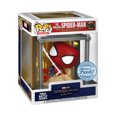 Figura Pop! Deluxe da Marvel Spider-Man em caixa transparente e colorida