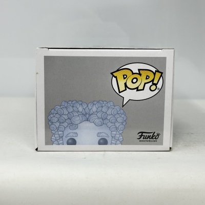 Caixa Funko Pop branca com imagem de figura com cabelo encaracolado azul e texto POP!