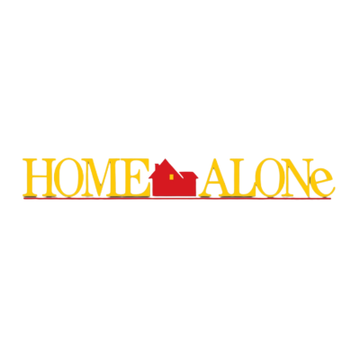 Logótipo com as palavras HOME ALONe e uma casa vermelha estilizada