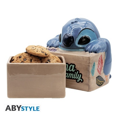 Pote de cookies de cerâmica com tampa do personagem Stitch e cookies dentro
