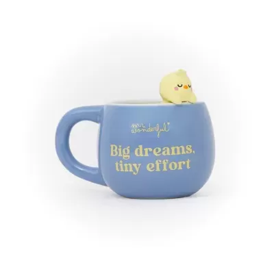 Caneca azul com texto e personagem amarelo na borda