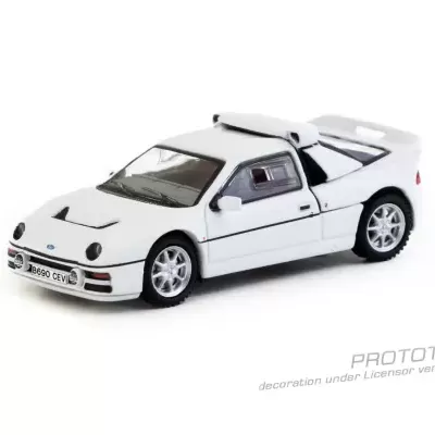 Miniatura de carro desportivo branco com detalhes pretos e faróis redondos