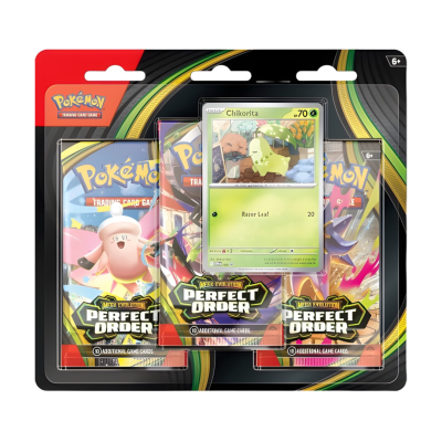 Pacote de cartas Pokémon Mega Evolution Perfect Order com carta Chikorita visível