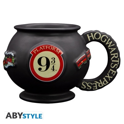 Caneca preta em forma de caldeirão com tema plataforma 9 3/4 e Hogwarts Express