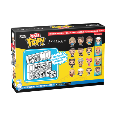 Caixa de Funko Pop! Bitty vivo de Friends com imagens das mini-figuras colecionáveis e texto promocional