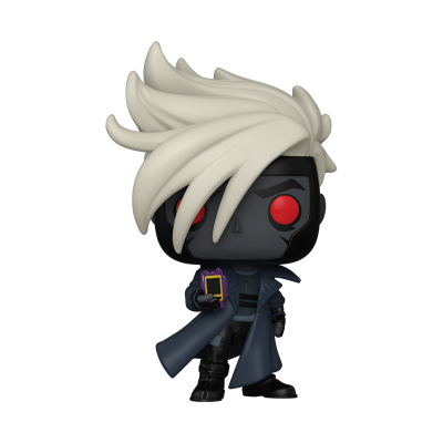 Figura colecionável Funko Pop com cabelo branco, olhos vermelhos e casaco azul escuro