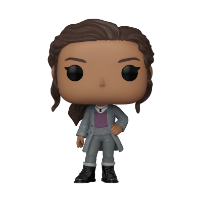 Boneco Funko Pop com roupas cinza e cabelo castanho ondulado