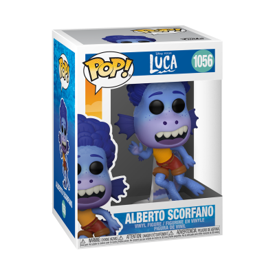 Figura Pop! Alberto Scorfano azul com camiseta laranja e calções vermelhos na caixa