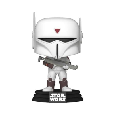Figura Funko Pop Star Wars com capacete branco e base preta com logotipo