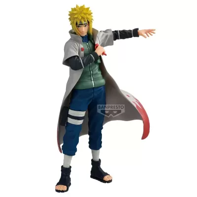Figura de ação de personagem anime com cabelo amarelo e casaco cinza