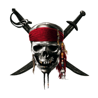 Cabeça de caveira com bandana vermelha e sabres cruzados sobre fundo branco