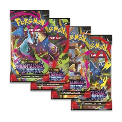 Pacotes de cartas Pokémon Mega Evolution Phantasmal Flames com diferentes personagens e texto 10 ADDITIONAL GAME CARDS e 6+