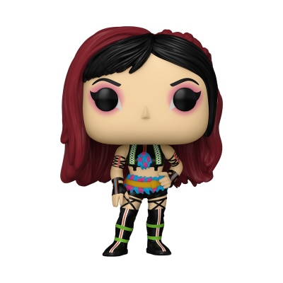 Figura Funko Pop feminina com cabelo vermelho e preto e roupa colorida